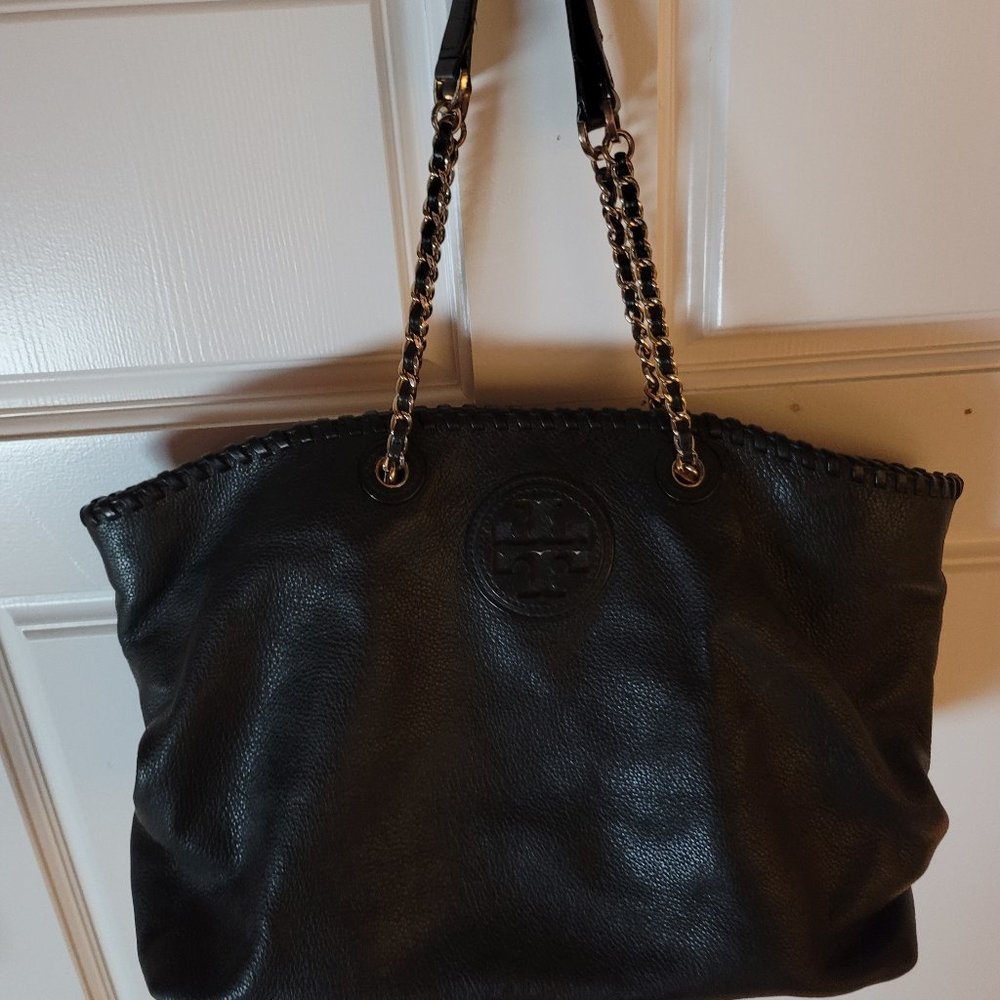 Tory Burch black leather over shoulder tote bag with gold tone chain straps